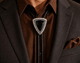 Corbata bolo de latón negro para hombre, bolo moderno para bodas de estilo western, corbata vaquera minimalista, cordón de cuero genuino.