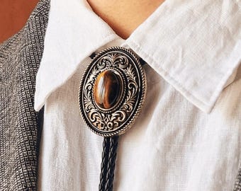 Tiger Eye Bolo Tie: Vintage Western Cowboy Necklace