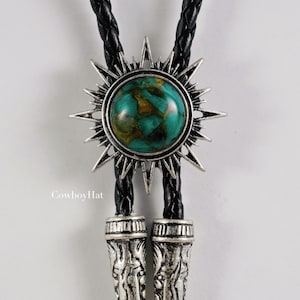 Green Stone Sunburst Bolo Tie: Western Cowboy Necklace Wedding Bolo Ties for Groomsmen