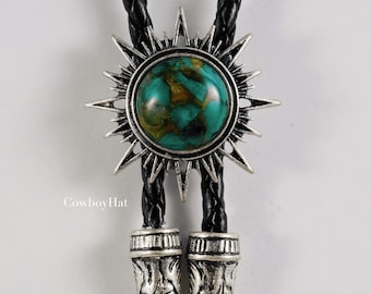 Corbata bolo Green Stone Sunburst: Corbatas bolo de boda con collar de vaquero del oeste para padrinos de boda