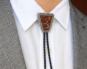 Maroon Stone Bolo Tie: Triangular Western Cowboy Necktie Silver Engraved Flora Leather Cord Bolo