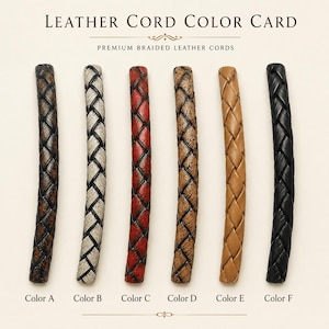 Puede incluir: Una tarjeta de colores para cordones de cuero que muestra seis cordones de cuero trenzado de primera calidad etiquetados de Color A a Color F. Los cordones presentan texturas y colores distintos: marrón oscuro, gris claro, rojo, marrón moteado, beige y negro.