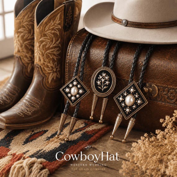 Vintage Pearl Western Bolo Tie for Men or Women Black Enamel Cowboy Necktie Oval or Square Flora Bolo Ties Wedding Gift for Groomsmen