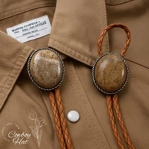 Western Natural Stone Bolo Tie Picture Jasper Wedding Bolo Tie Braided Leather Cowboy Necktie Rustic Rodeo Gift for Men