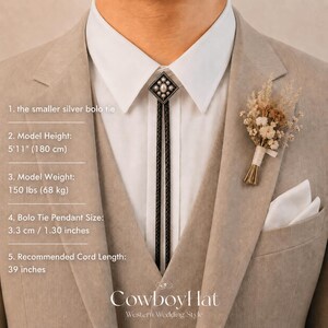 May include: A silver bolo tie with a diamond-shaped pendant featuring a pearl-like center, worn with a beige suit and white shirt. The bolo tie pendant is 1.30 inches. A small floral boutonniere and pocket square complete the look. The text "Cowboy Hat" is visible.