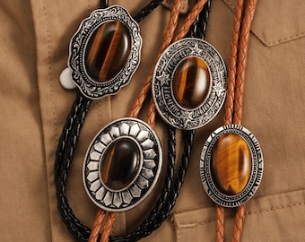Tiger Eye Bolo Tie: Vintage Silver Cowboy Necktie Braided Leather Cord Wedding Bolo Ties for Men