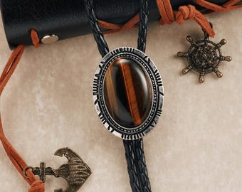 Tiger Eye Wedding Bolo Tie: Vintage Style Cowboy Braided Leather Necktie
