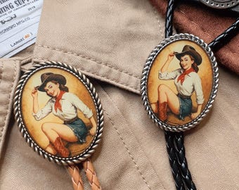 Corbata bolo de vaquera vintage, estilo pin-up occidental, de cuero, estilo rodeo retro, para hombre o mujer, accesorio de corbata bolo de vaquero.