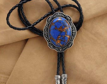 Lapis Lazuli Stone Bolo Tie: Vintage Silver Engraved Cowboy Necktie, Vegan Leather Cord