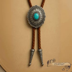 Southwestern Turquoise Bolo Tie Leather Brown Cord Woven Wedding Bolo Tie Cowboy Necktie Gifts for Him Gift for Husband Gift for Father