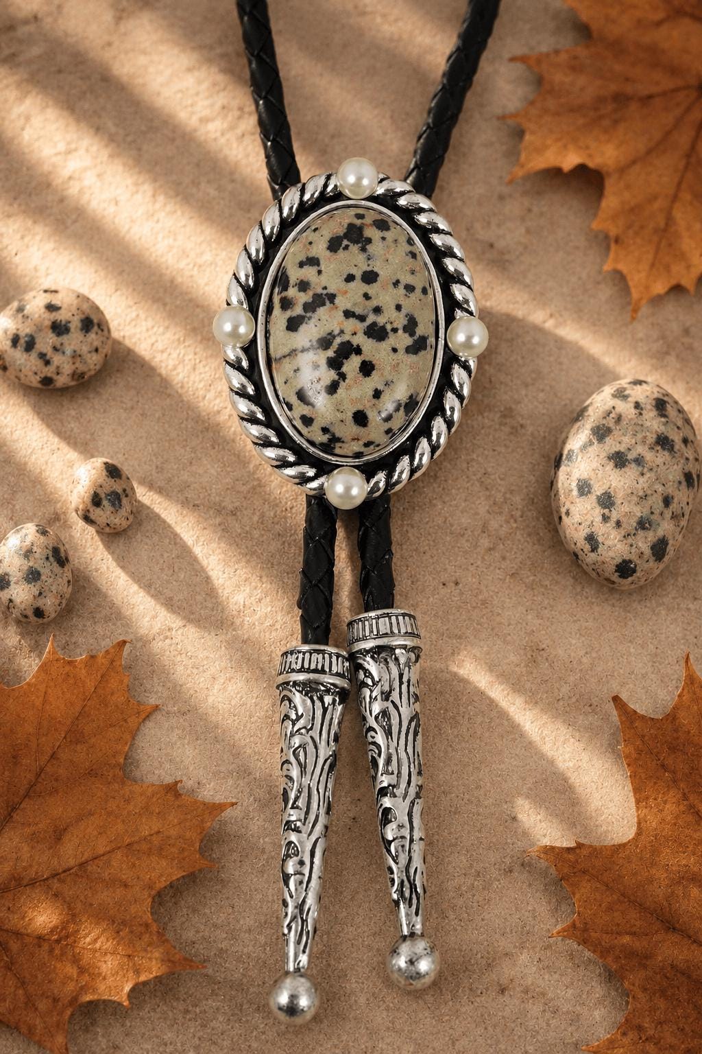Natural Dalmatian Jasper Bolo Tie, Silver Tone Western Necktie, Pearl Accent Cowboy Necklace