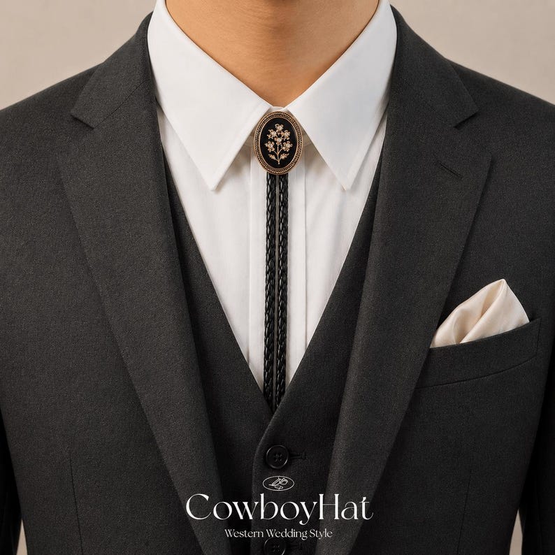 May include: A black and gold bolo tie with a floral design is the focal point of this image. The tie is worn with a white collared shirt, a dark gray suit jacket, and a matching vest. A cream-colored pocket square adds a touch of elegance. The text "CowboyHat Western Wedding Style" is at the bottom.