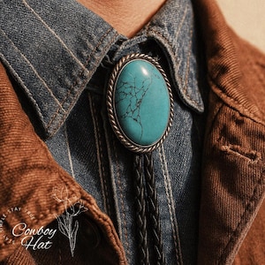 Vintage Western Turquoise Bolo Tie for Men Cowboy Rodeo Statement Necklace Leather Cord Necktie Rustic Southwestern Accessories Gift for Him