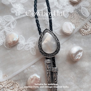 Classic Mother of Pearl Bolo Tie Western Teardrop Bolo Necktie for Women and Men Vintage Black Cord Tie for Groomsmen Western Wedding Gift
