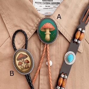 Handmade Mushroom Illustration Bolo Tie Cowboy or Cowgirl Necktie Jewelry Men&#39;s Necklace Southwestern Leather Cord Woven Bola Gift for Him