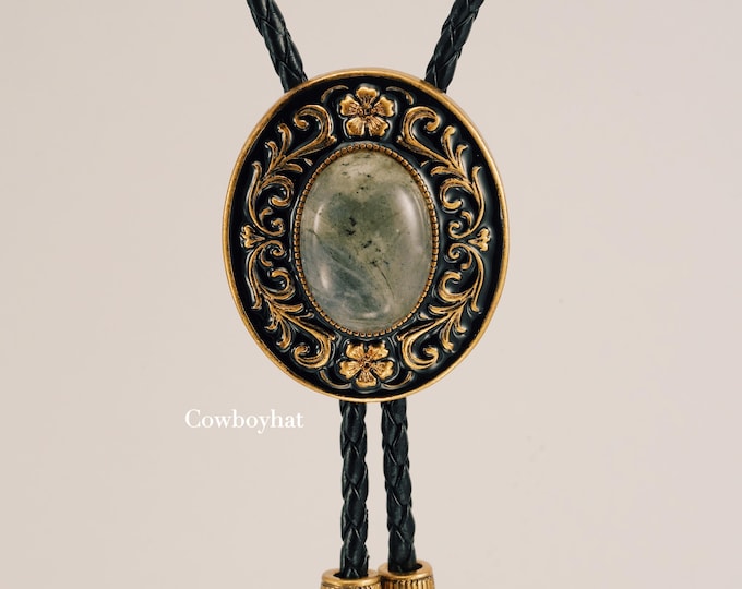 Natural Green Stone Bolo Tie: Handcrafted Western Cowboy Necktie Vintage Oval Bolo
