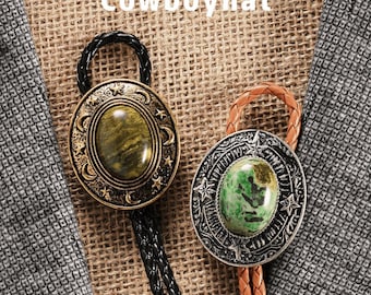 Corbata bolo Western Green Stone, concho de estrella y luna estilo vaquero, collar de cuero vintage