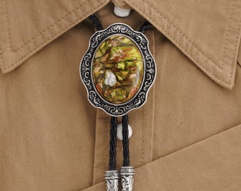 Corbata bolo verde oliva con matriz dorada: collar vaquero del oeste, bolo vintage de plata grabado