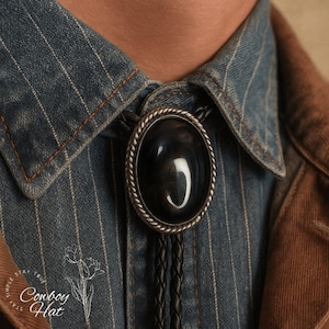 Western Black Onyx Bolo Tie for Men Wedding Bolo Tie Vintage Cowboy Necktie Southwestern Men's Bolo Ties Handmade Western Gifts for Him