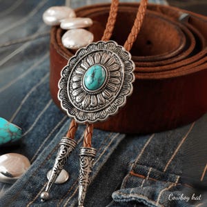 Southwestern Silver Concho Bolo Tie Vintage Turquoise Men&#39;s Bolo Tie Western Cowboy Leather Cord Necktie Western Accessory Wedding Gift