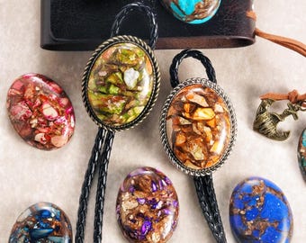 Gravata Bolo Vintage Western com Mosaico de Pedras: Cabochão Oval Incrustado, Gravata Estilo Cowboy para Casamento, Joia Masculina do Sudoeste