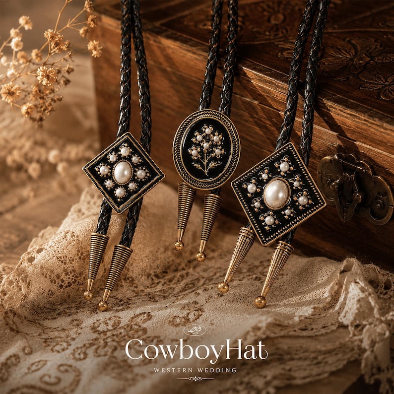 May include: Three bolo ties with black braided cords and decorative slides. The slides feature black backgrounds with pearl accents and gold-toned metal details. One slide is diamond-shaped, another oval, and the third is square. The image includes the text "CowboyHat Western Wedding."