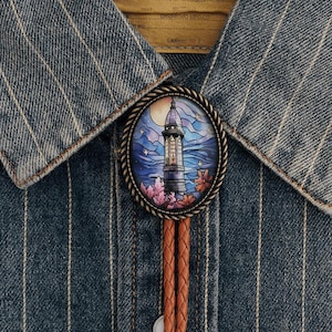Lighthouse Bolo Tie: Moonlight Western Necktie, Vintage Silver Rope
