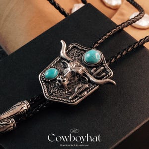 Texas Longhorn Bolo Tie for Men Western Cowboy Turquoise Stones Necktie with Cactus Design Southwestern Leather Cord Accessory Gift for Him