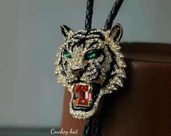 Rhinestone Gold Tiger Head Bola Bolo Tie – Western Wedding Necklace For Men