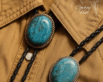 Tsangbaby Cravatta Bolo Vintage da Uomo Collana in Pietra Naturale Ciondolo Portafortuna in Turchese Cravattino in Pelle Western Cowboy per Decorazione Camicia, Blu, Taglia unica