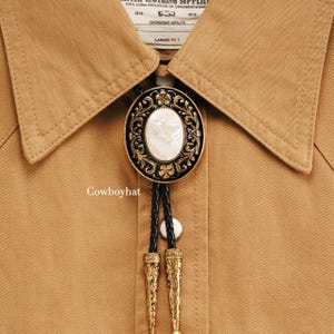 Black and Gold Flora Bolo Tie Western Cowboy Necklace Vintage Oval Mother of Pearl Necktie Southwestern Men’s Jewelry Gift for Groomsmen