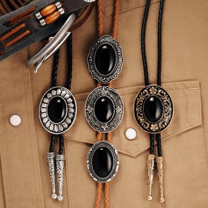 Black Onyx Bolo Tie: Vintage Cowboy Necklace, Floral Engraved Brass & Silver