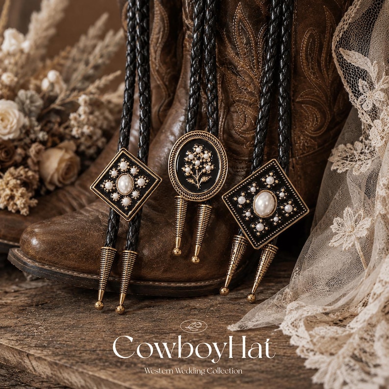 May include: Three bolo ties with black braided cords and decorative gold and black pendants. The pendants feature pearl accents and floral designs. The background includes brown cowboy boots and the text "CowboyHat Western Wedding Collection."