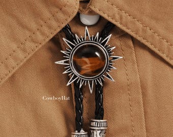 Tiger Eye Sunburst Bolo Tie: Southwestern Style Leather Cord Cowboy Necktie for Groomsmen