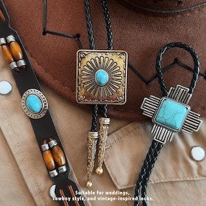 Vintage Turquoise Bolo Tie Silver Cross Turquoise Bolo Necktie for Men Antique Bronze Square Bola for Groomsmen Western Wedding Gift for Him
