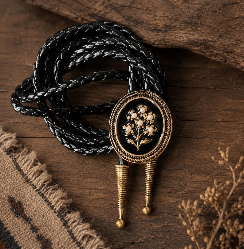 May include: A black leather bolo tie with a decorative oval pendant. The pendant features a gold-colored frame with a black center, adorned with a floral design of white pearls. The tie is displayed on a wooden surface.