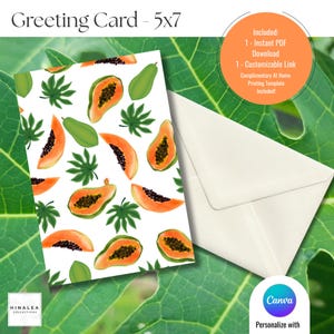 Papaya tropical de verano / Impresión digital personalizable / Descarga instantánea en PDF 5x7 / En blanco