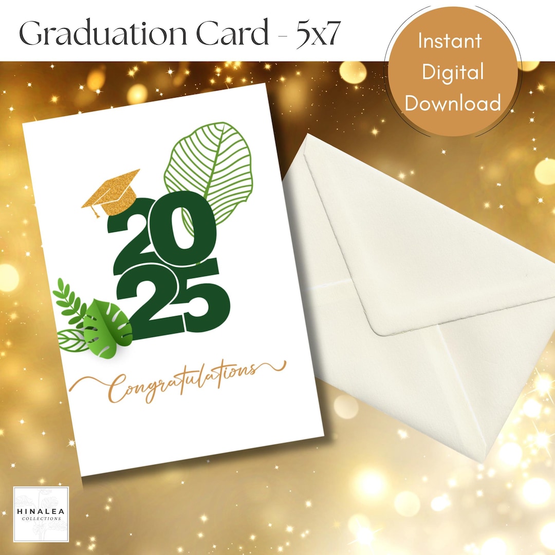 2025 Graduation Card: Gold Grad Cap & Monstera Design (PDF Printable ...
