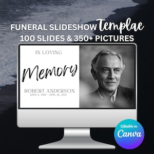 May include: A computer monitor displays a funeral slideshow template. The screen shows the words "In Loving Memory" and the name "Robert Anderson" with his birth and expected passing dates. The template includes 100 slides and 350+ pictures.