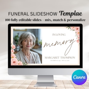 Bildspel för blommig begravning i Canva-mall: Livets hyllning (100 bilder, digital nedladdning)
