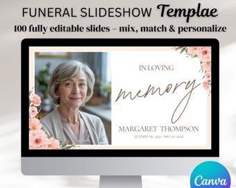 May include: A computer monitor shows a funeral slideshow template. The screen displays a photo of a woman, floral decorations, and text reading "In Loving Memory" and the name "Margaret Thompson." The template is from Canva.