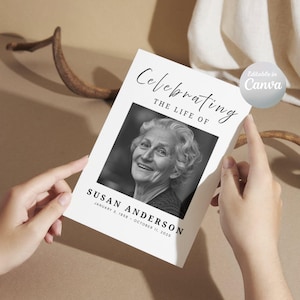May include: A white memorial card with the text "Celebrating THE LIFE OF" above a black and white photo of a smiling woman. The card also includes the name "SUSAN ANDERSON" and dates "JANUARY 3, 1958 - OCTOBER 11, 2025". A silver circle with the text "Editable in Canva" is in the upper right corner.