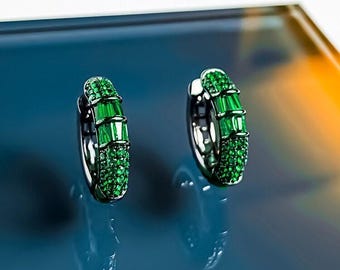 Emerald Green Serpent Scale Crystal Huggie Hoop Earrings - Tapered Baguette Cut