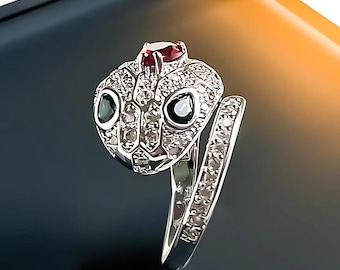 Serpent Ring – Platinum-Plated Serpent Statement Ring with Ruby and Emerald Crystals
