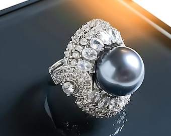 Tahitian Pearl Statement Ring – Luxury Statement Ring with Crystal Pavé Detail