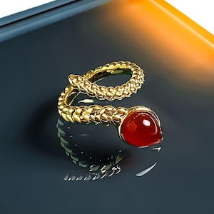 Golden Serpent Ring – 18k Gold-Plated Serpent Band with Bloodstone Crystal