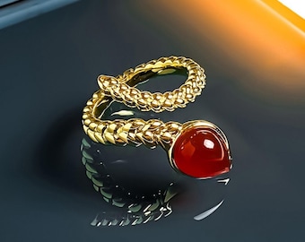 Golden Serpent Ring – 18k Gold-Plated Serpent Jewelry with Bloodstone Crystal