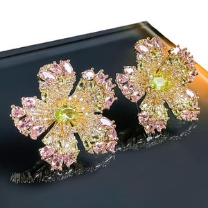 Cherry Blossom Sakura Earrings – Pink & Green Gemstone Floral Statement Earrings