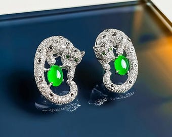 Emerald Panther Earrings – Platinum-Plated Statement Earring with Emerald Corundum
