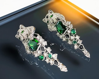 Emerald Panther Earrings – Platinum-Plated Panther Cascade Earring with Emerald Crystals
